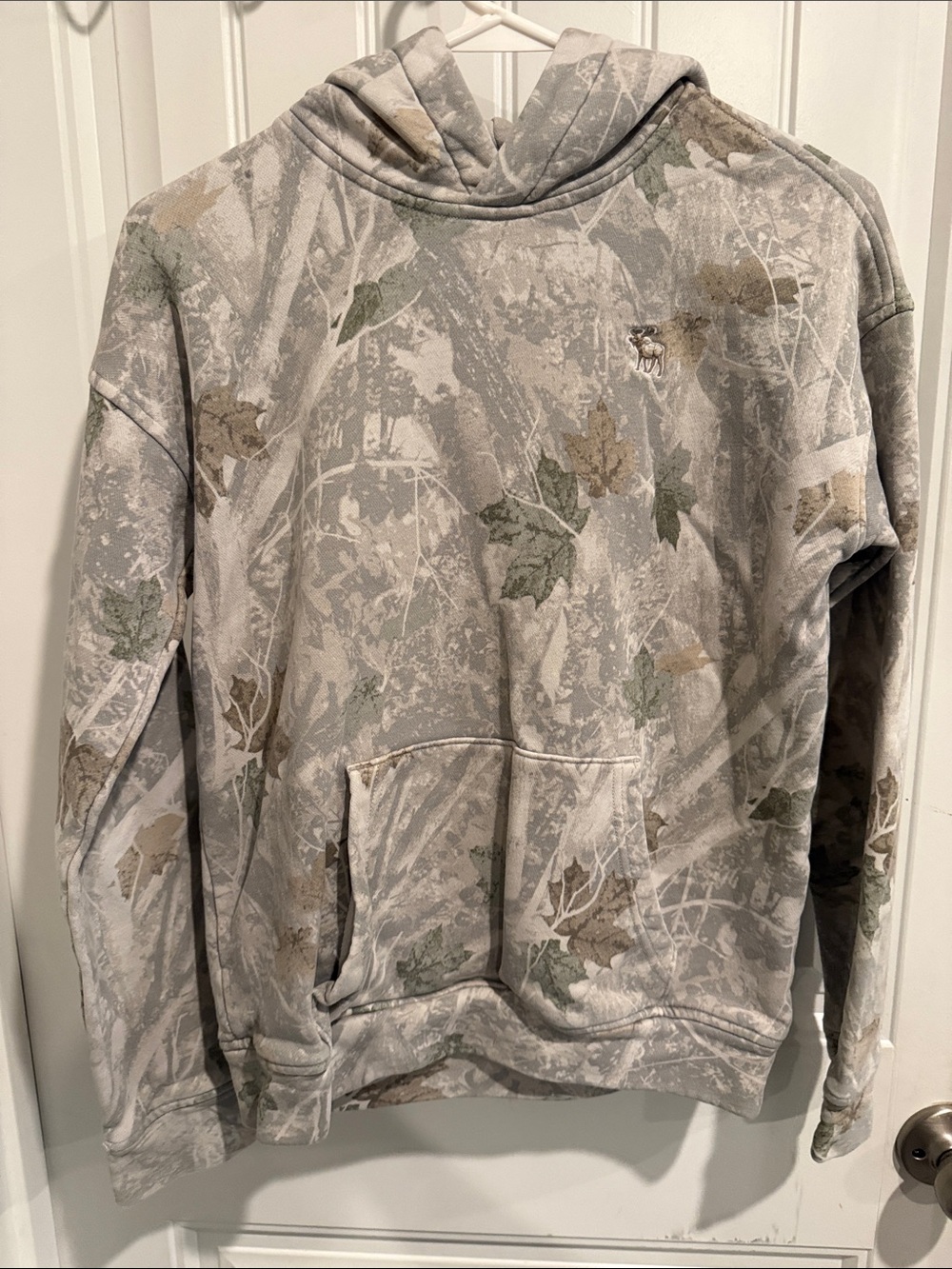 Abercrombie & Fitch Men's Gray Leaf Camo Hoodie with Green and Tan Accents